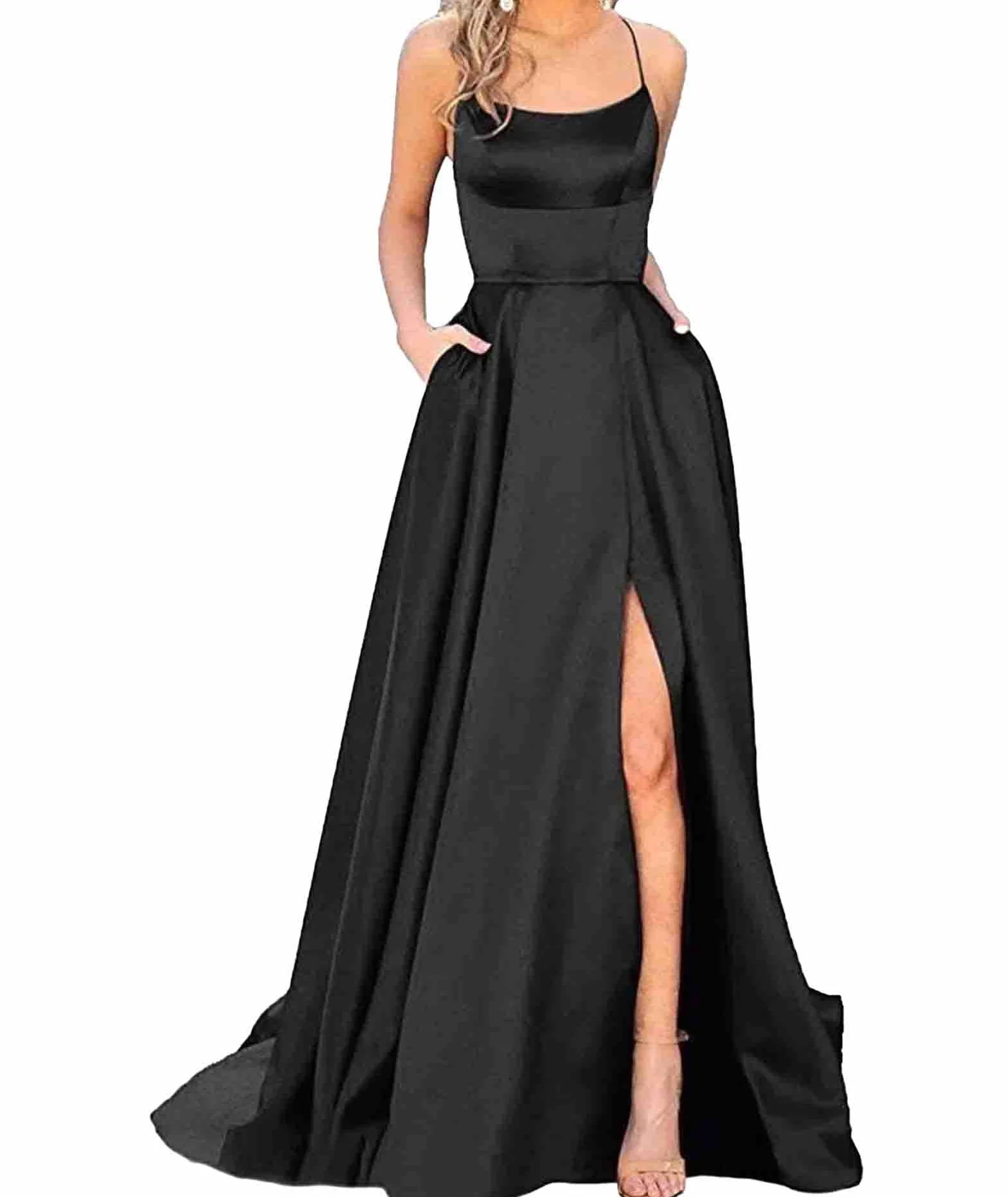 HAHAEMMA - Elegante abito da donna lungo, con tasche, in raso, linea ad A, schiena scoperta, abito da sera, da matrimonio, sexy, con allacciatura al collo, da principessa, damigella d'onore
