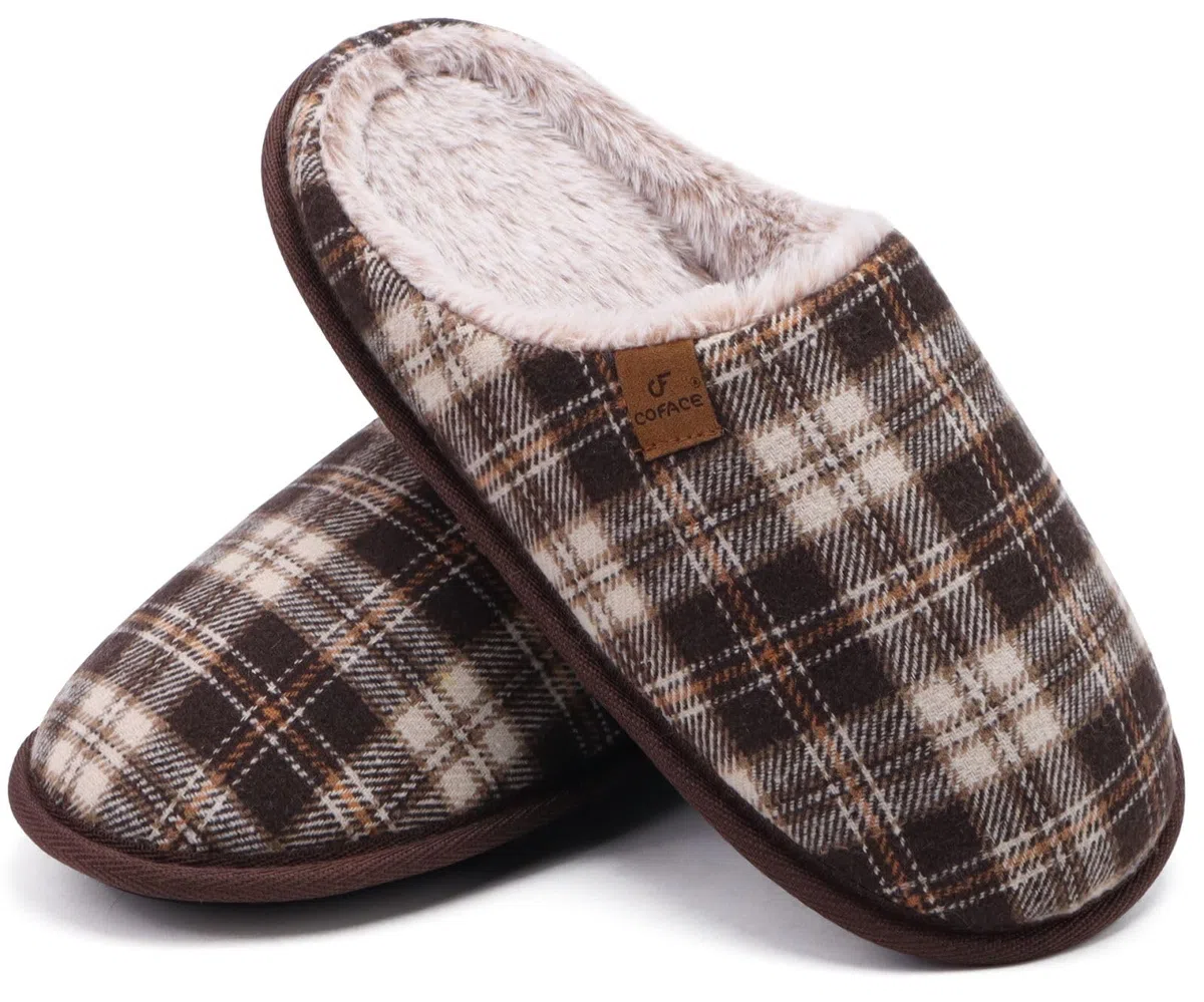 COFACE Pantofole da Uomo Invernali Plaid, Comoda Memory Foam Calde Scarpe da Casa in Lana con Suola Antiscivolo 40-49