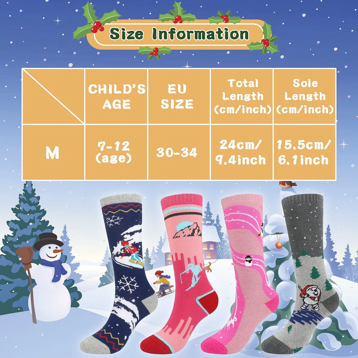 KOOOGEAR 2 paia di calzini da sci per bambini, taglia 38-3, calzini da sci divertenti alti al ginocchio per bambini termici caldi novità per pattinaggio sci snowboard