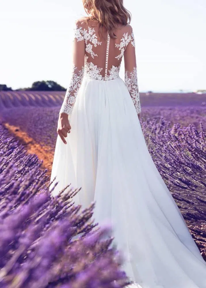 Onsoyours Abiti da Sposa Donna Elegante Senza Maniche Scollo a V Nuzial Abito con Spacco Pizzo Lungo Vestito