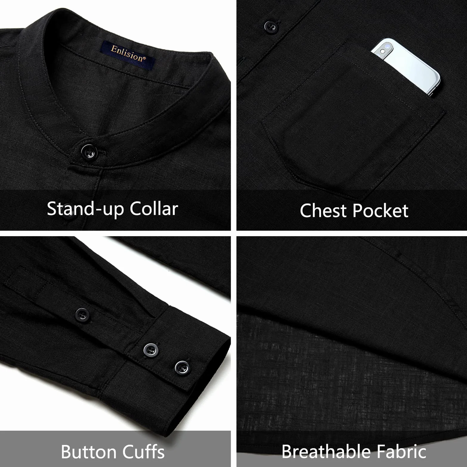 Enlision Uomo Camicia in Lino di Cotone Manica Lunga Henley Shirt con Bottoni Casual Hawaii in Tinta Unita Maglietta T-Shirt da Uomo per Interni Spiaggia Hippie