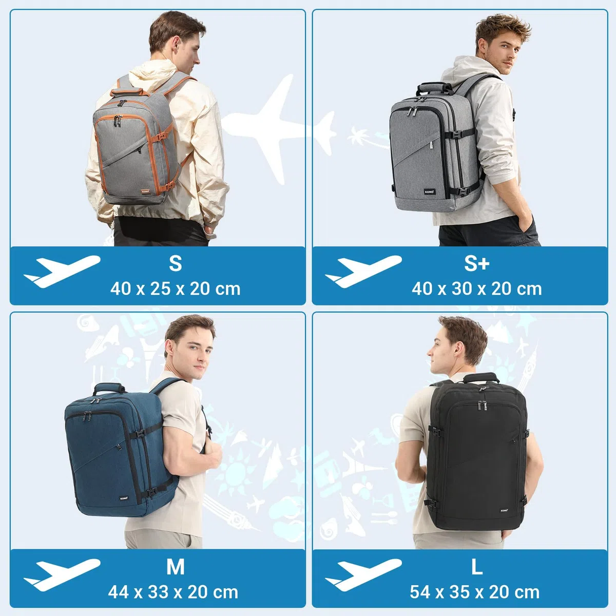 KONO Zaino Ryanair 40x30x20, Zaino da Viaggio e Bagaglio a Mano per Aereo, Zaino Porta PC con Apertura a 180° per Wizz Air e EasyJet (40 x 30 x 20 cm, Nero)