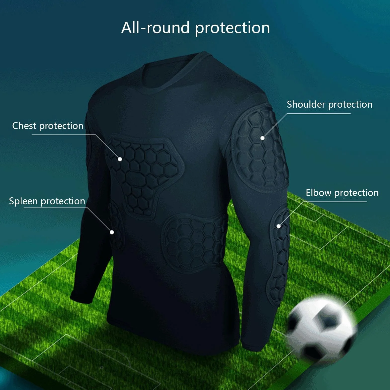 Maglia Imbottita da Calcio | Maglia da Portiere a Maniche Lunghe Nera - Magliette Imbottite per Paintball per Calcio, Basket, Paintball, Magliette a Compressione da Calcio per Giovani