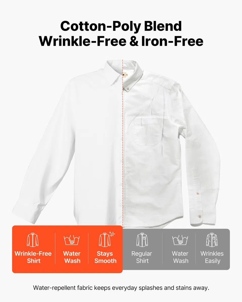 VEVOR Camicia da Uomo con Bottoni, Maniche Lunghe Antipiega, vestibilità Slim Fit in Tessuto Morbido ed Elasticizzato per Abbigliamento Casual o Formale da Lavoro, Lavoro, Matrimonio, Cena, Bianco