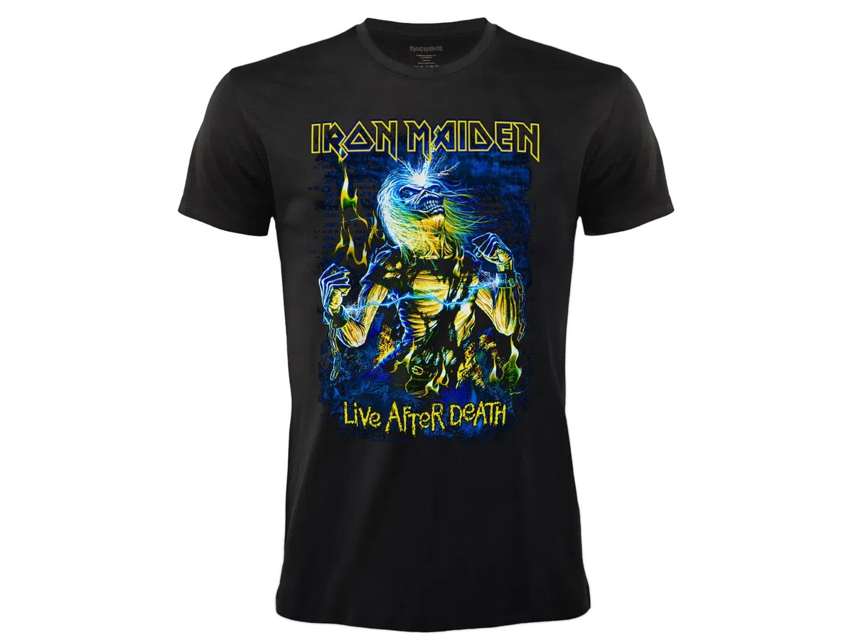 T-Shirt Iron Maiden Live After Death. Maglietta Rock Ufficiale Nera. Band Heavy Metal. Cotone. Unisex. Adulto Ragazzo.