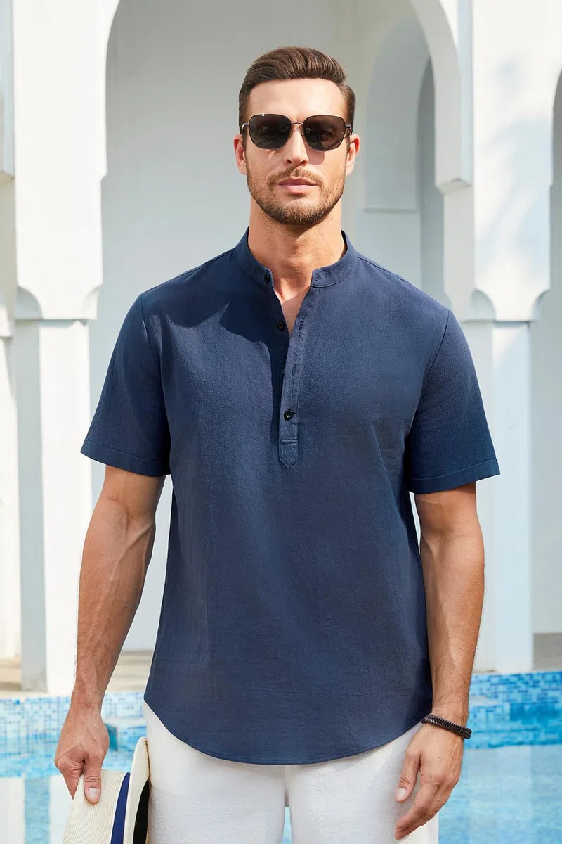 Enlision Camicia Lino Uomo Manica Corta Camicie Estive Uomo Collo Coreana Elegante Casual Spiaggia Ampia Maglietta Lino con Bottoni Henley Shirt