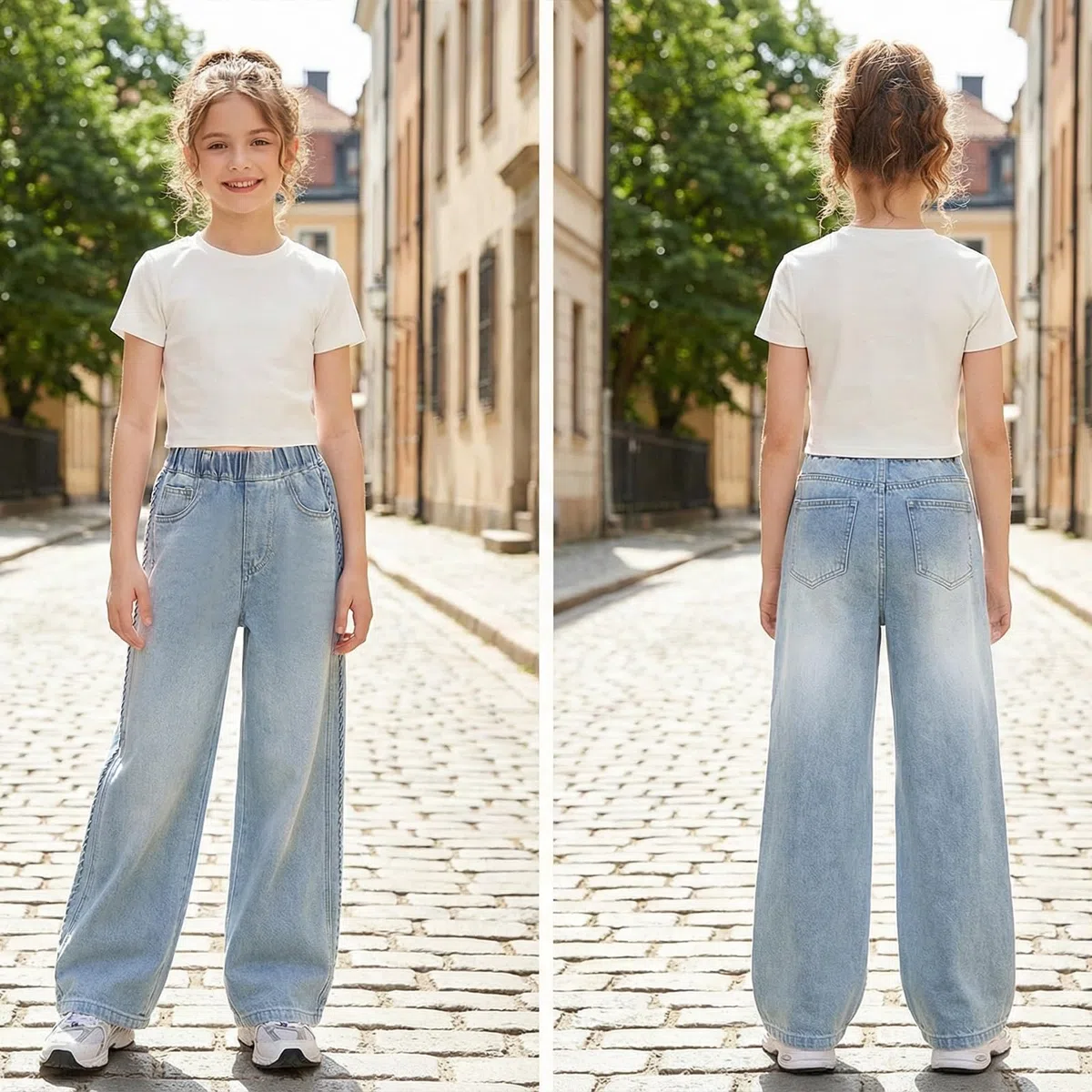 Jeans Ragazze Bambina Baggy Loose Fit Denim Pantaloni Gamba Larga Lunghi Jean con Vita Elastica Blu Casual Stretch Denim Pants con Tasche Moda Versatile Streetwear per Ragazza 7-15 Anni