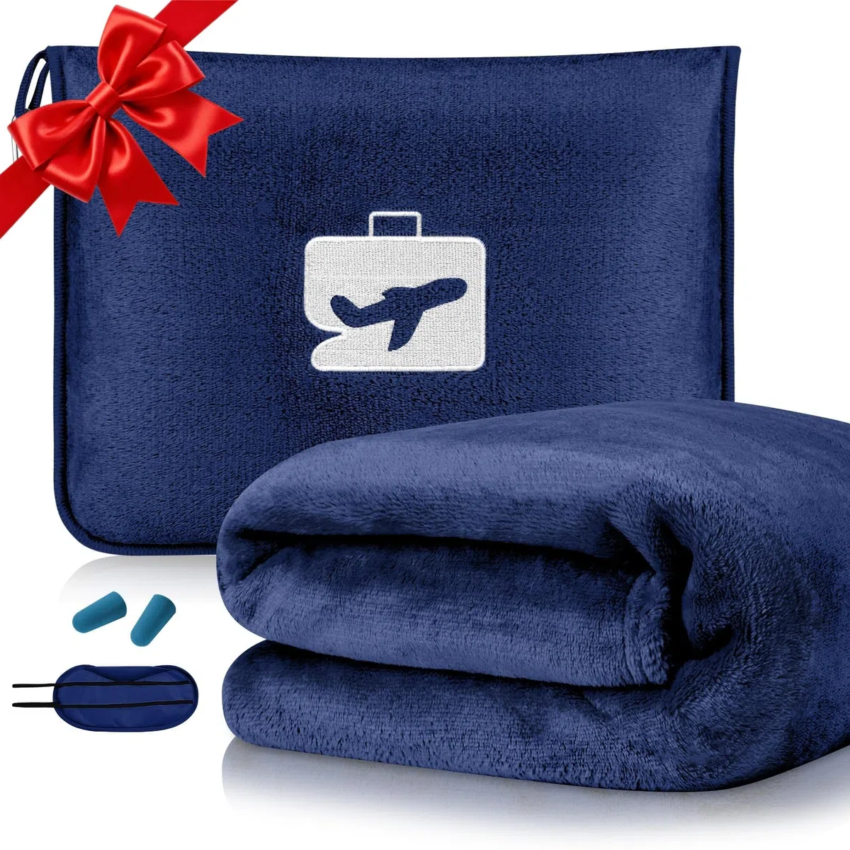 Flintronic Coperta da Viaggio 2 in 1, 155 x 130 cm, morbida coperta aeronautica con federa e tappi per le orecchie, ultraleggera per vacanze, ufficio, casa, viaggi d'affari (blu