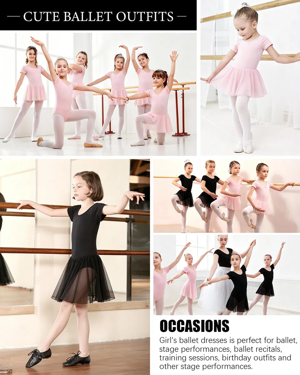 Ragazza Vestito da Balletto,Body da Balletto a Maniche Corte per Bambine, Body da Balletto in Cotone e Abito da Danza per Bambine con Gonna in Chiffon