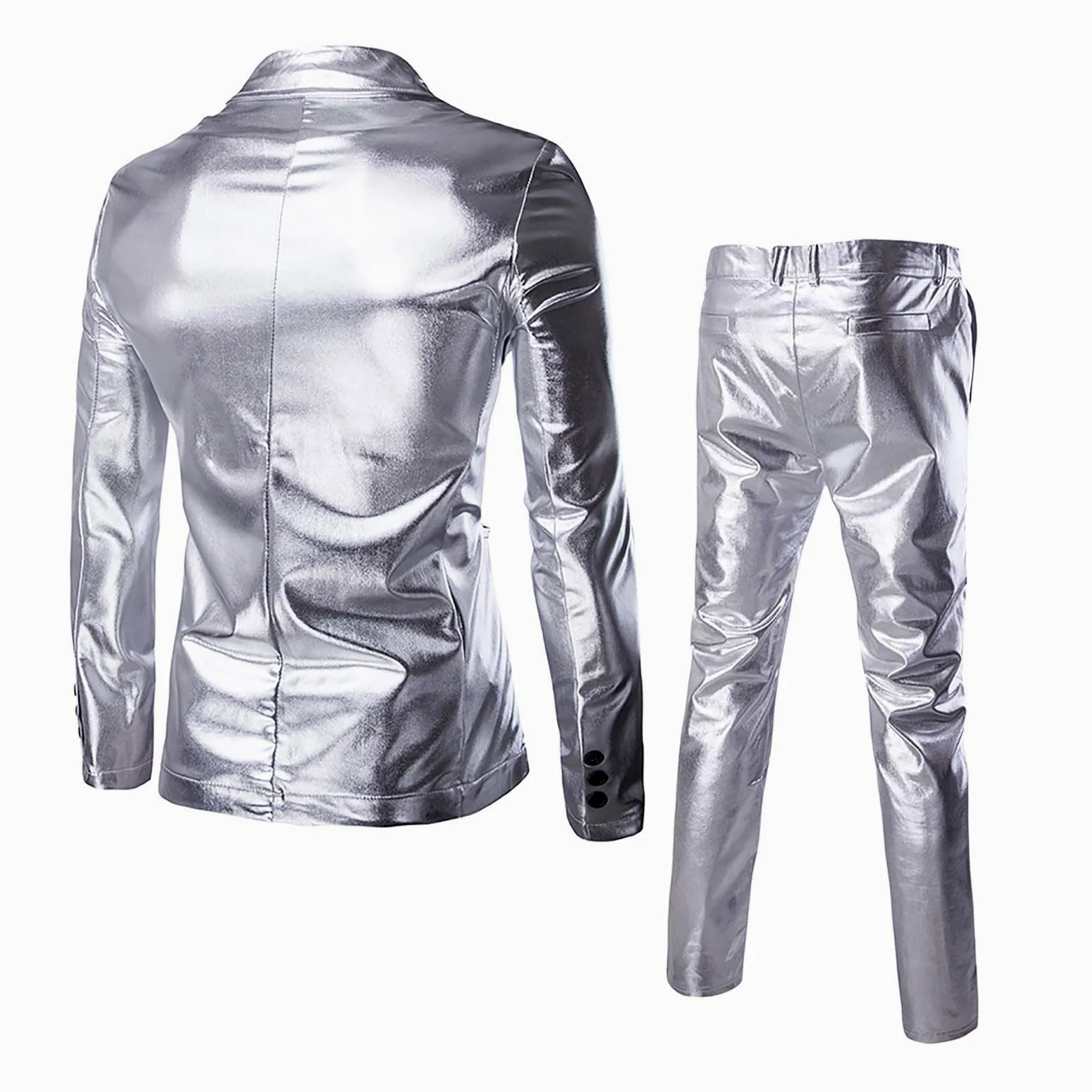 Generisch Costume da smoking da uomo, 2 pezzi, slim fit, per feste, discoteca, carnevale, giacche metalliche lucide, pantaloni da notte