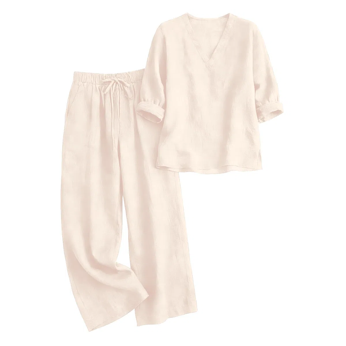 Generico Completo Di Lino Donna Estivo 2 Pezzi Pantalone Lungo Estivo Tuta Elegante Maniche 3/4 Completo Estiva Curvy Tute Casual Completi Leggera Comodi Set Mare Spiaggia Larghi Drop Shoulder