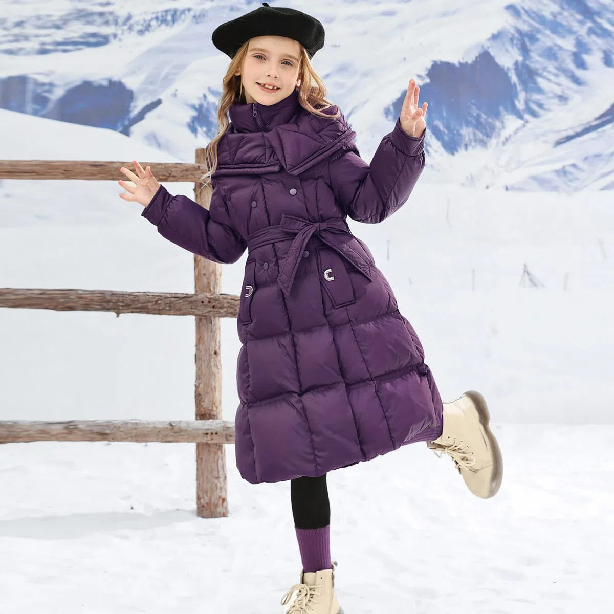 Piumino invernale da ragazza, lunghezza al ginocchio, parka, con fiocco, cintura, colletto rialzato, caldo, pesante, elegante, con cerniera, antivento, capispalla lungo per bambini