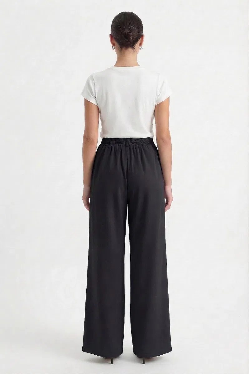 Pantaloni Donna Eleganti Vita Alta con Elastico in Vita Gamba Larga Palazzo con Tasche Pantaloni Lunghi Casual