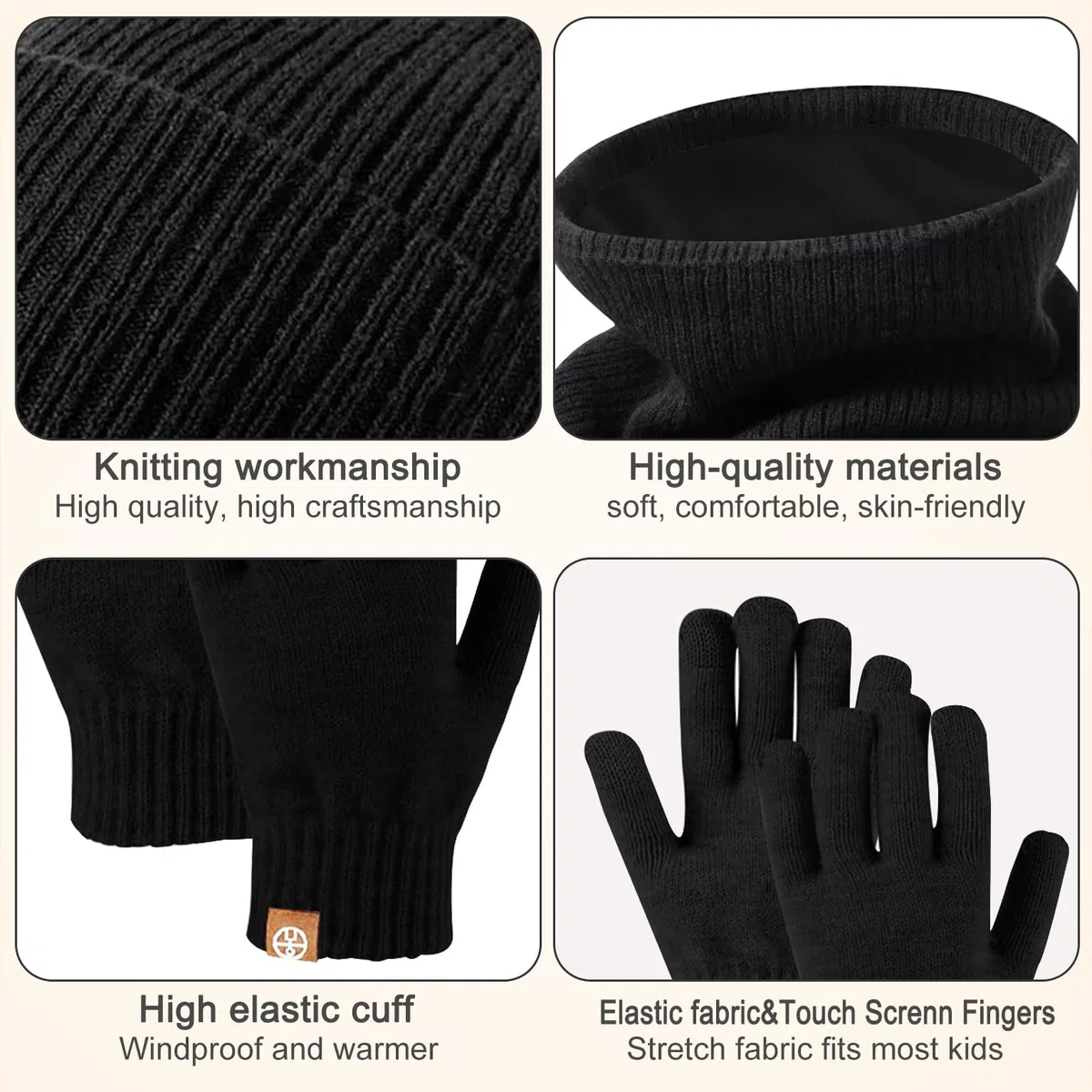 Set Invernale Bambini 3 Pezzi: Cappello di Maglia, Sciarpa e Guanti Touchscreen - Berretto con Fodera in Pile Caldo per Ragazze e Ragazzi 5-12 Anni