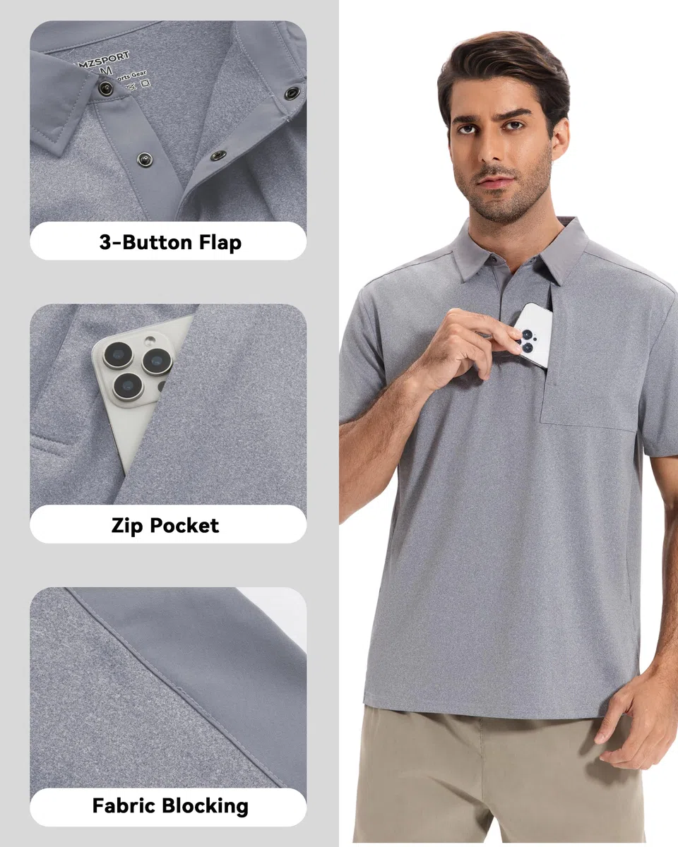 AMZSPORT Polo Uomo Manica Corta Sportiva Golf Tennis Zip Pocket Sport T-Shirt Asciugatura Rapida Traspirante per L'Ufficio con Colletto e Bottoni