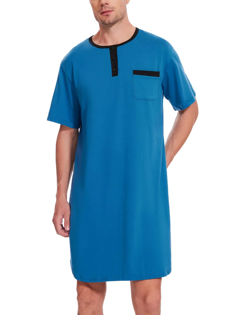 Uniexcosm Camicia da Notte da Uomo in Cotone Pigiama da Uomo Girocollo con Bottoni Pigiama Comoda Maniche Corte Girocollo, Tinta Unita Sottile