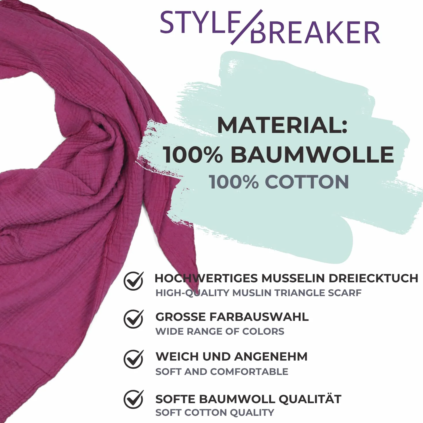 styleBREAKER foulard triangolare in mussola da donna in 100% cotone | foulard tinta unita morbido e leggero | sciarpa alla moda per tutte le stagioni - Made in Italy, 196 x 84 cm