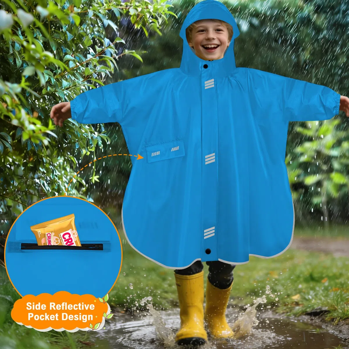Poncho Antipioggia Bambino Leggero Mantella Antipioggia Impermeabile Con Cappello Tesa Strisce Riflettenti Unisex Poncho Antipioggia Riutilizzabile Giacche Pioggia con Tasca Ragazze Ragazzi