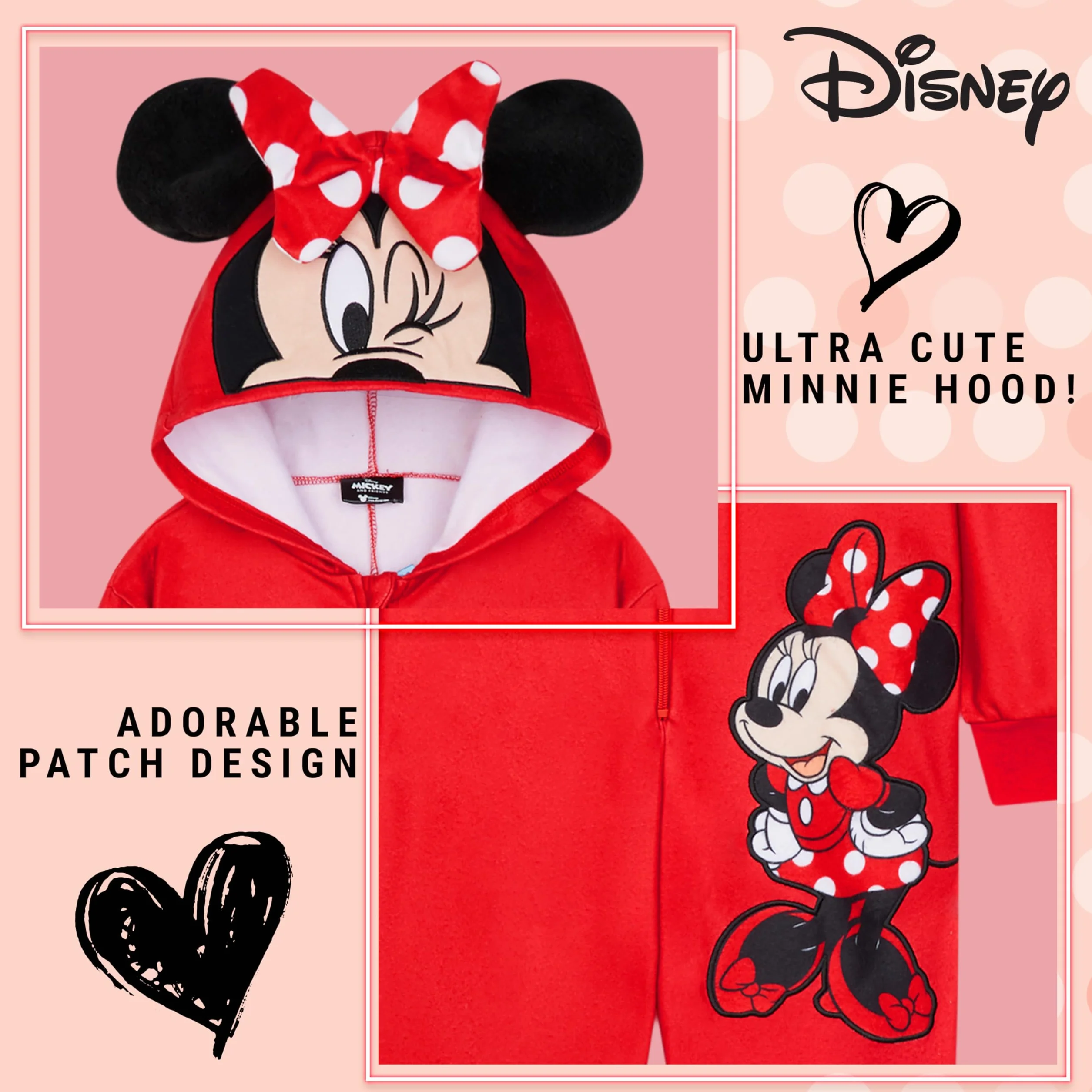 Disney Pigiama Stitch Bambina Intero - Pigiamone Stitch in Pile con Zip 2-14 Anni - Pigiami Interi con Cappuccio per Ragazza (Rosso Minnie, 4-5 Anni)