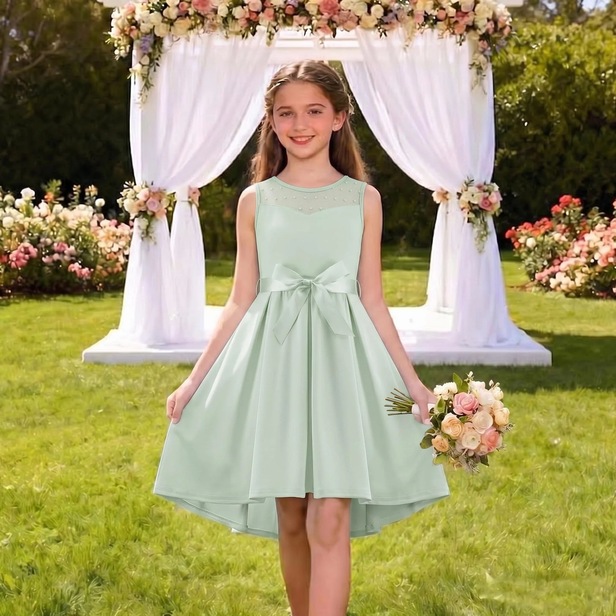 Arshiner Ragazze Abito Senza Maniche Matrimonio Maglia Abiti Fioraia Vestito da Sera Estivo Festa Elegante Abito con Cintura per Bambina 5-15 Anni