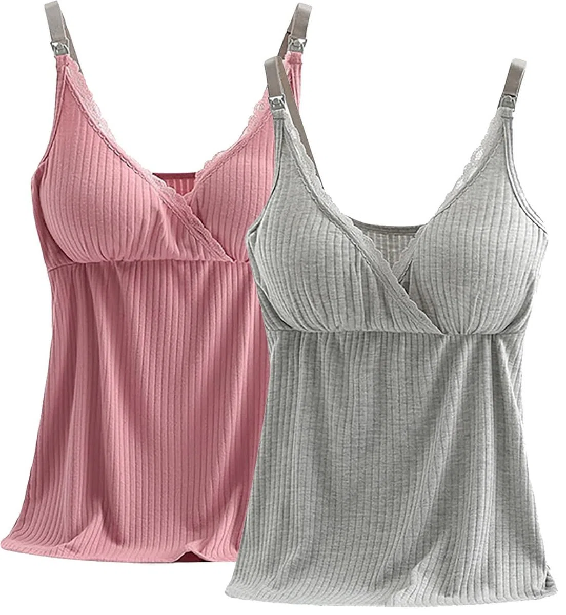 Confezione da 2 Canotta da Allattamento per Donna, Canottiera Pigiama Scollo a V in Pizzo con Cuscinetti Rimovibili per Dormire Allattamento Reggiseno Top Gravidanza Pigiama Canotte, M-3XL