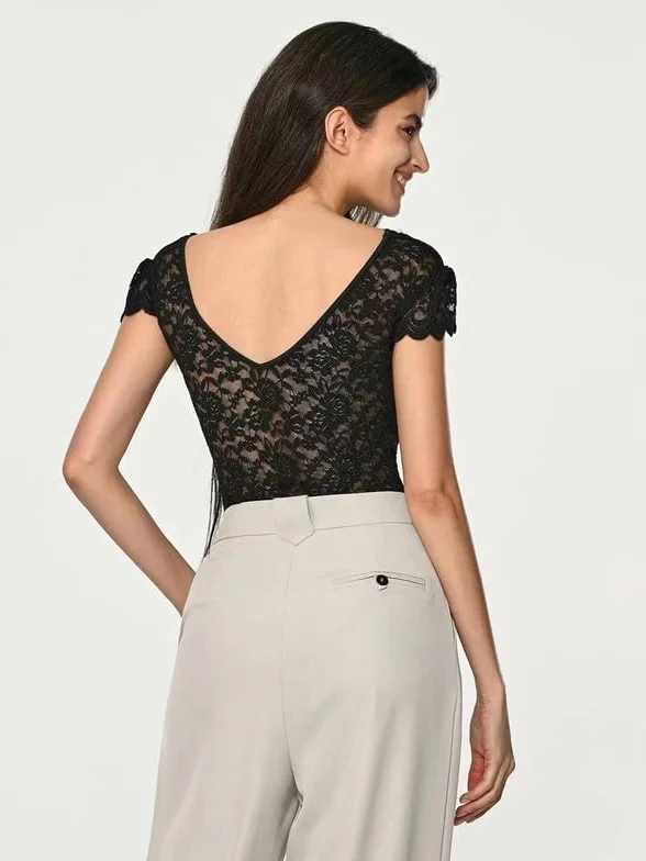Haibang Body in Pizzo da Donna Sexy Scollo a V Bodysuit Top Floreale Aderente Camicetta a Maniche Corte Body Sottogiacca Elegante Cami Camicie Maglietta Blusa Clubwear