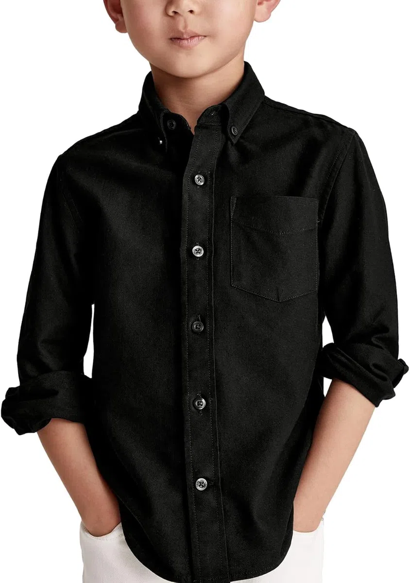 Haloumoning Camicia a maniche lunghe, in cotone, casual, per bambini, tinta unita, con tasca sul petto