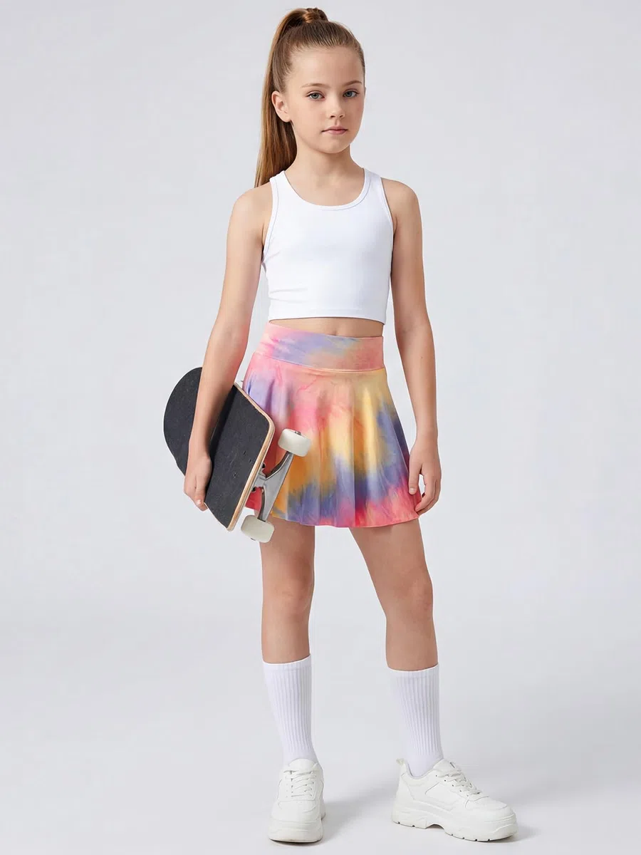 Valcatch Girls Athletic Skort Gonna da Tennis Tie-Dye a Vita Alta con Pantaloncini Golf Gonna Corta fluida Gonna a Pieghe Sportiva da Corsa con Tasche e Fodera in Spandex 3 4 5 6 7 8 9 10 11 12 13T