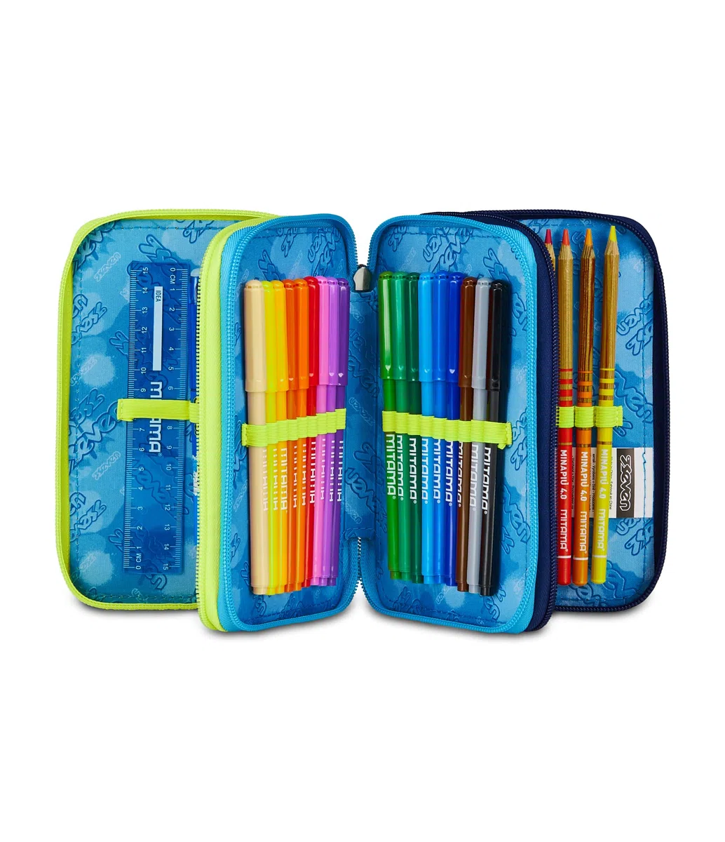 Seven Astuccio Scuola Elementare, 3 scomparti, Medie, con Matite, Pennarelli, Penne, 3 Zip, Nuanced Blue, Bambino, Ragazzo, giallo/blu