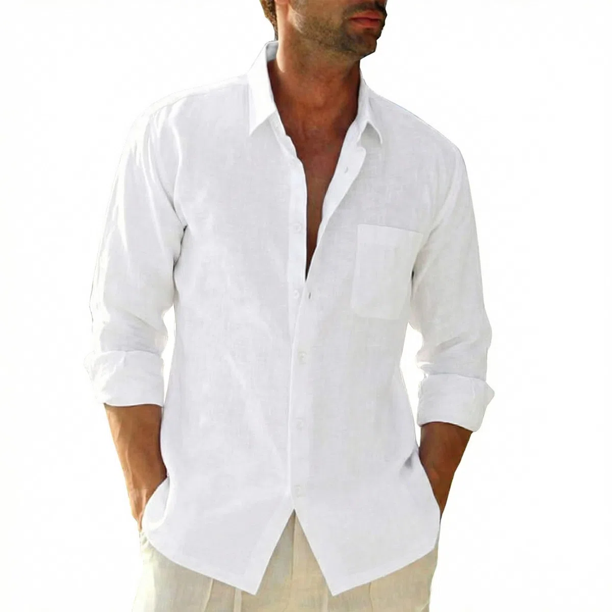Camicia Uomo in Cotone-Lino a Maniche Lunghe, con Tasca, Camicia Casual da Spiaggia, Regular Fit, Camicia d'Estate