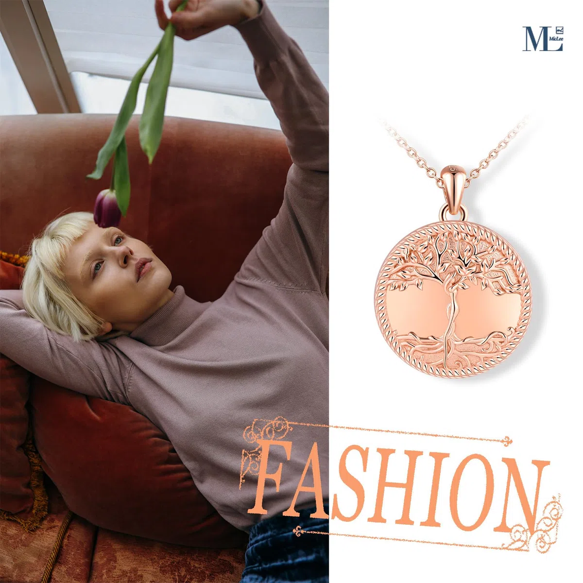 MicLee Collana Ciondoli Foto da Donna in Argento 925 Pendenti Medaglioni de Fotografico Moda Collane Rotonda con Albero della Vita Ciondolo Apribile Argento