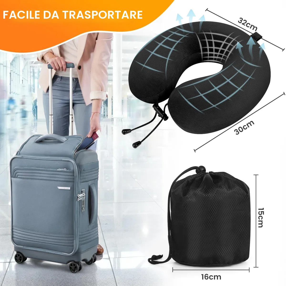 Cuscino da viaggio, Cuscino collo in memory foam, Cuscino di supporto, Cuscino Cervicale da Viaggio per Auto, Viaggio con Maschera per gli Occhi e Tappi per le Orecchie, Borsa da Viaggio (Nero)