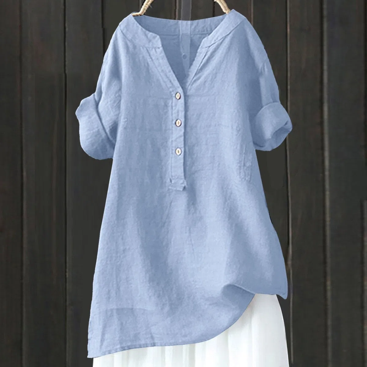 Camicie estive da donna in cotone e lino con colletto alla coreana, maniche a 3/4, garza increspata, top primaverili a tinta unita, con bottoni, maniche medie, vestiti da indossare con leggings Boho