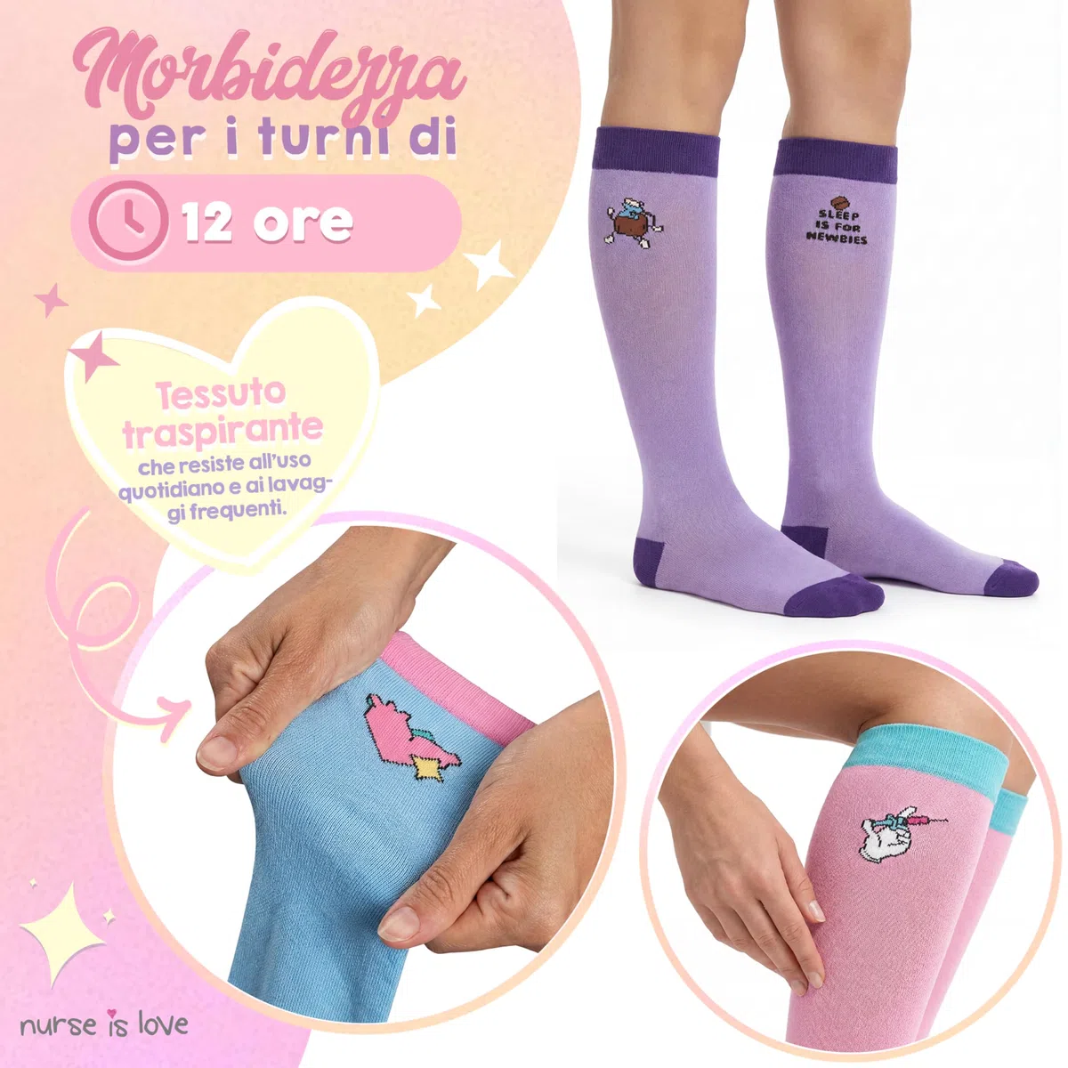 Nurse is Love. Calze Compressione Graduata Donna Per Infermiera Fantasia - Calze Antitrombo Donna OSS, Medici | 15-20 mmHg Cotone | Regalo Laurea - PT