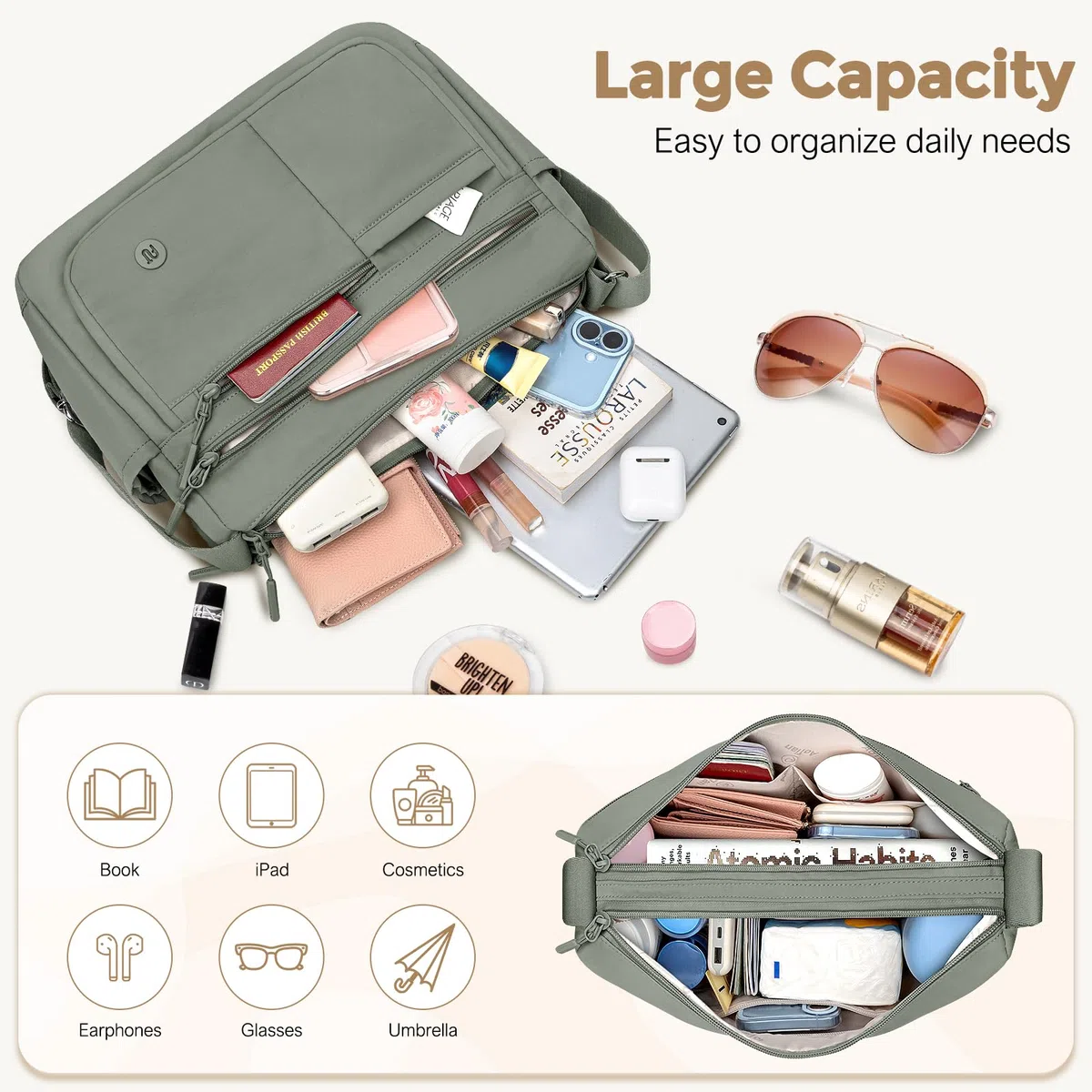 Borsa Tracolla Donna Grande Borse da Donna in Tessuto Oxford Impermeabile Borsa a Spalla con Multitasche con Cerniera, Crossbody Bag Media per Uscire Fare Shopping Viaggiare Lavorare