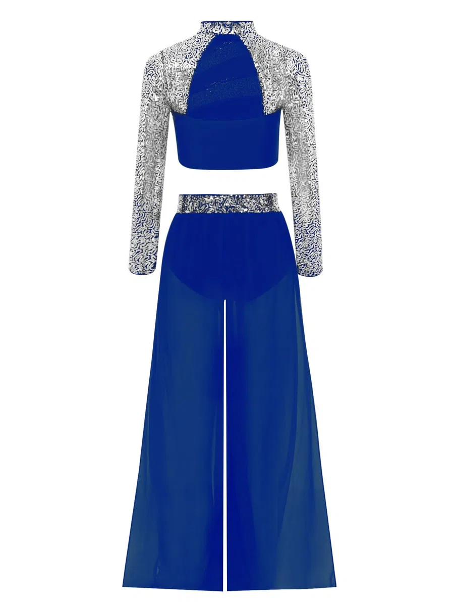 MSemis Tuta da Ballo Lirico Contemporaneo Bambina Completo da Ballo Latino Americano Tango Crop Top da Ginnastica Artistica Manica Lunga + Pantaloni Larghi Dancewear
