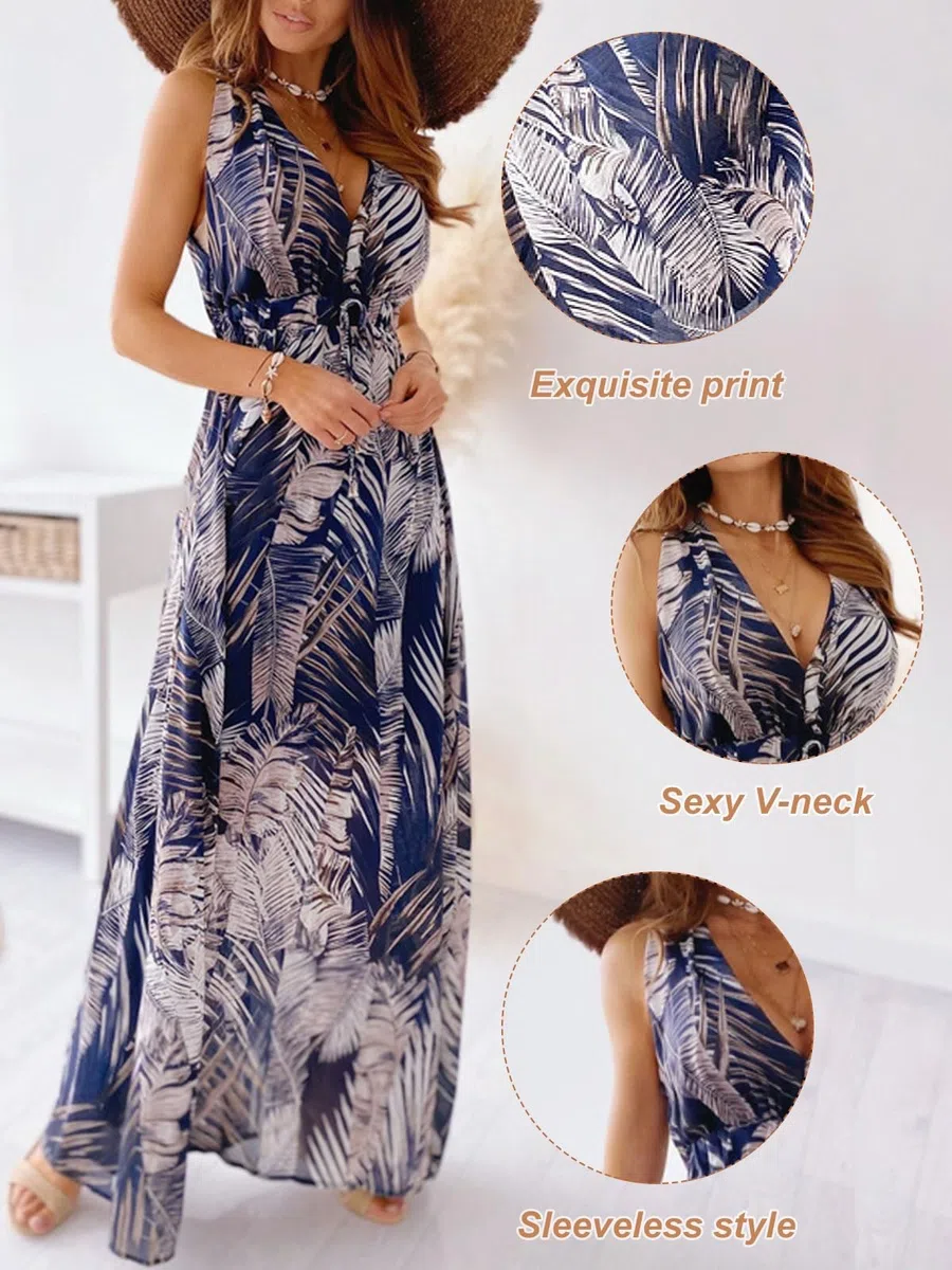 Yutdeng Abito Estivo Donna da Spiaggia Vestito Lungo Vestiti Estivi Casual Curvy Eleganti Scollo a V Senza Maniche Vestito Boho Fiore Stampato Maxi Lunga Sexy da Cerimonia