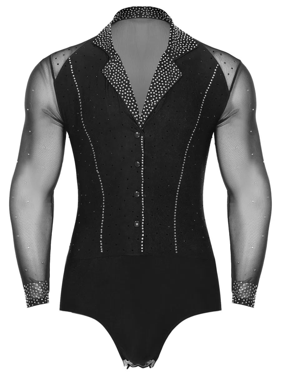 Completo da Ballo Latino Americano Uomo Camicia Body da Ginnastica Leotard con Strass e Nappa Pantaloni a Zampa Vestito da Ballo Valzer Samba Rumba Dancewear