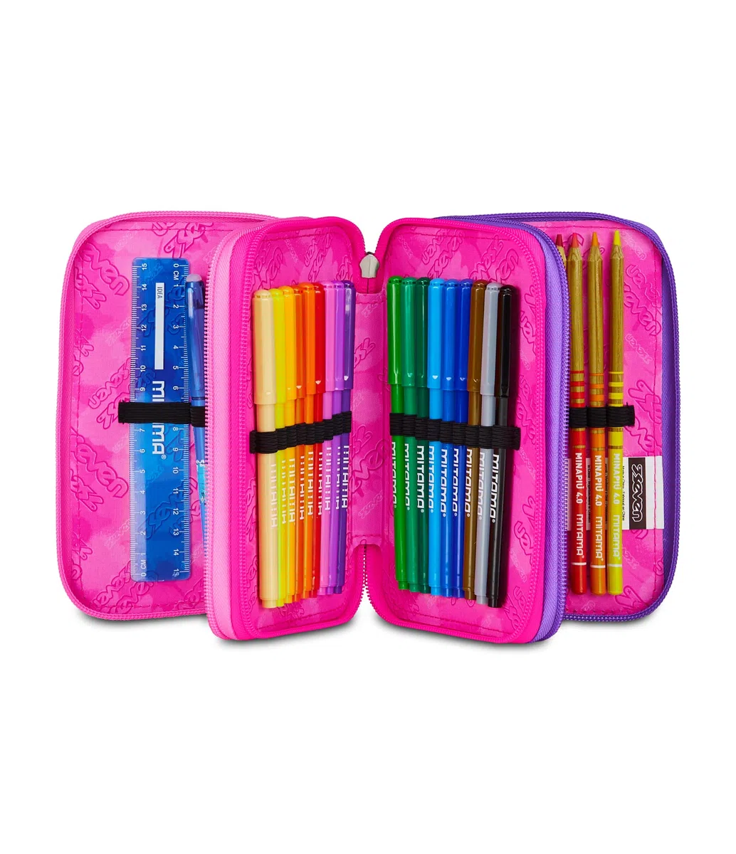 Seven Astuccio Scuola Elementare, 3 scomparti, Medie, con Matite, Pennarelli, Penne, 3 Zip, Lovely Elements, Bambina e Ragazza, rosa/viola