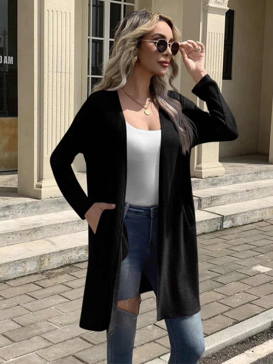 Fisoew Cardigan da donna, aperto, a maniche lunghe, leggero, lavorato a maglia, lungo, con tasche