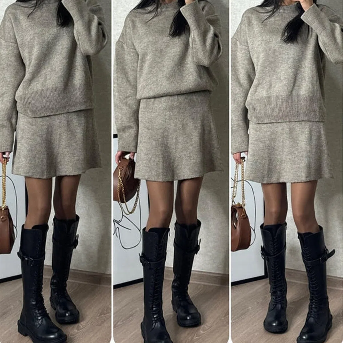 Autunno Nuovo Set di Abiti in Maglia Casual Tinta Unita Stile College, 2024 Top Corto a Maniche Lunghe Mini Gonne in Maglia Completi, Set Maglione 2 Pezzi, Set Casual Maglione in Maglia Largo