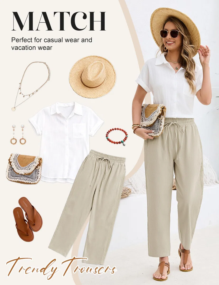 Pantaloni Donna Estivi 7/8 Leggeri Larghi Comodi Cotone Pantalone Elastico Vita Alta Casual Elegante Pantaloni da Lavoro Gamba Dritta Spiaggia Pantalone con Tasche
