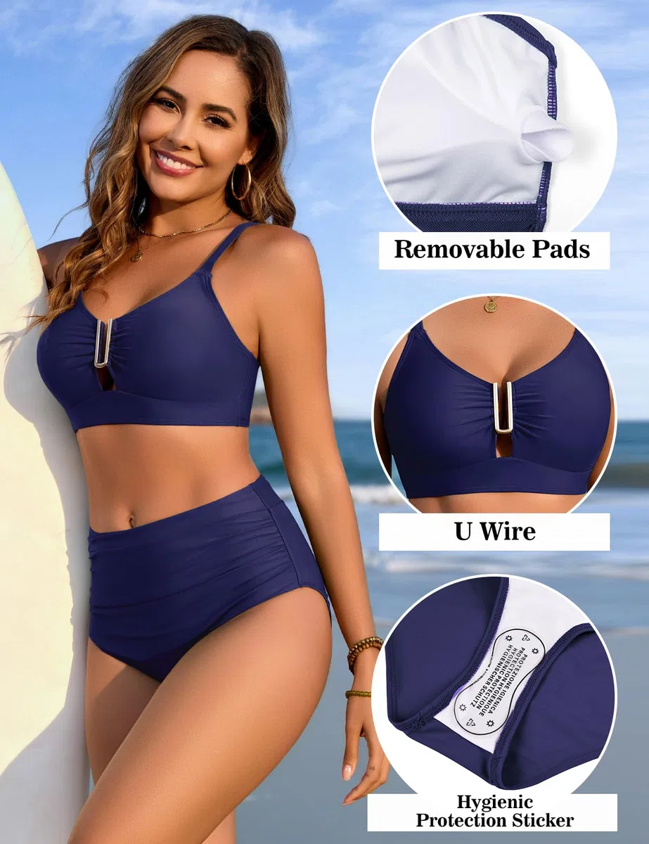 UMIPUBO Costume da Bagno Donna Due Pezzi Push Up U Vita Alta Bikini Set Imbottito Reggiseno Sexy Costumi da Mare Metallo Collo U Beachwear
