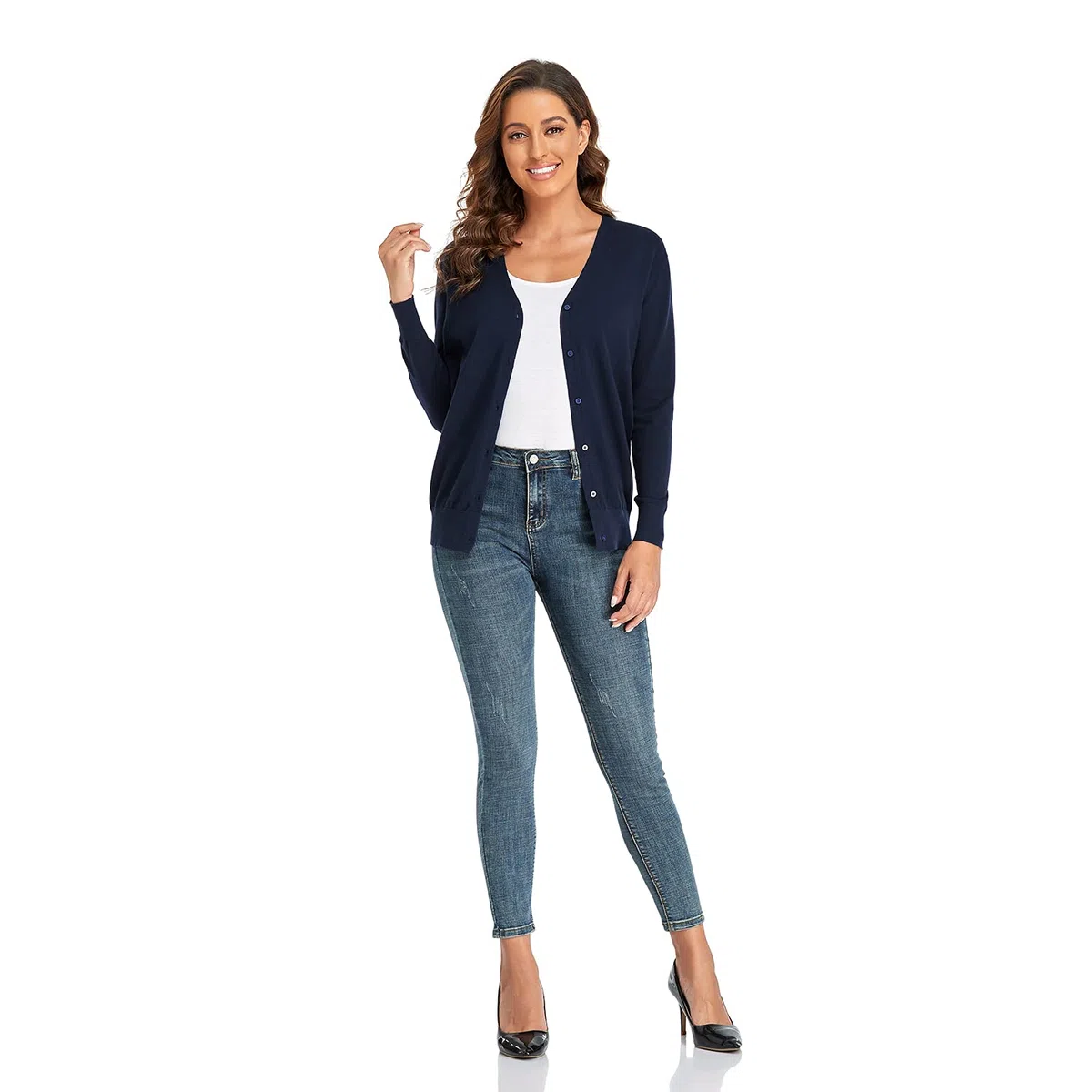 CUNYI Cardigan Donna Scollo a V Maglia con Bottoni Girocollo Classico Manica Lunga Giacca Cappotto Elegante