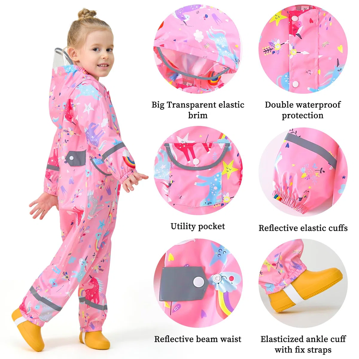 Tuta Impermeabile Antipioggia Bambina Pioggia con Cappuccio Ragazza Leggero Portatile Jogging Tutto in Uno Poncho Giacche Impermeabili Bimbi Unisex 1-9 Anni
