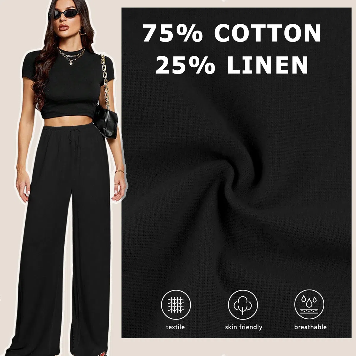Pantaloni Lino Donna Larghi Pantaloni Leggeri Elastica Elegante Casual Gamba Larga con Tasca