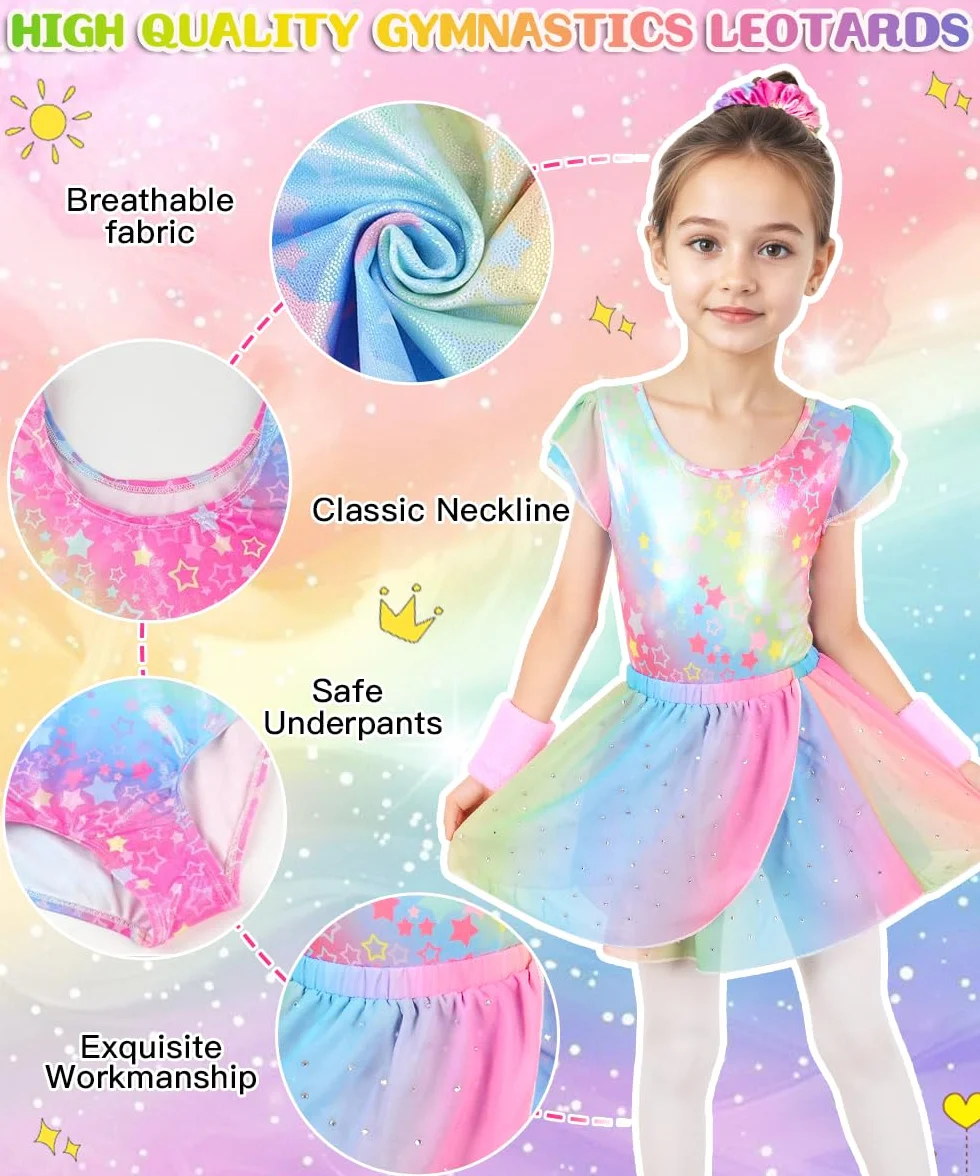 Body Ginnastica Artistica Bambina, Set 5 Pezzi con Body Senza Maniche, Pantaloncini, Fascia Capelli, Polsini, Completo per Ginnastica, Danza e Spettacoli, 4-9 Anni