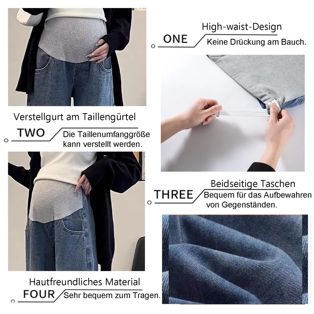 Jeans da donna incinta con design a gamba larga, cintura regolabile e tasche su entrambi i lati, eleganti ed eleganti, pratici per tutti i giorni e il lavoro