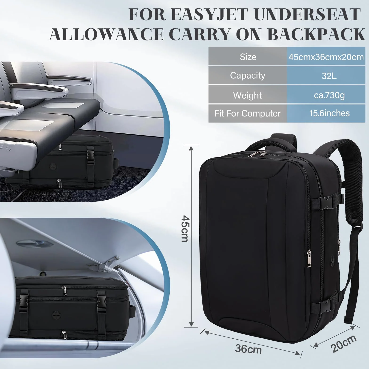 Hayayu Bagaglio A Mano per Easyjet 45x36x20 Borse da Cabina per Easyjet 45x36x20 Valigia 32L Zaino da Viaggio Aereo Bagaglio A Mano Con Tasca Antifurto Cabina Viaggio Zaino per Computer 15,6