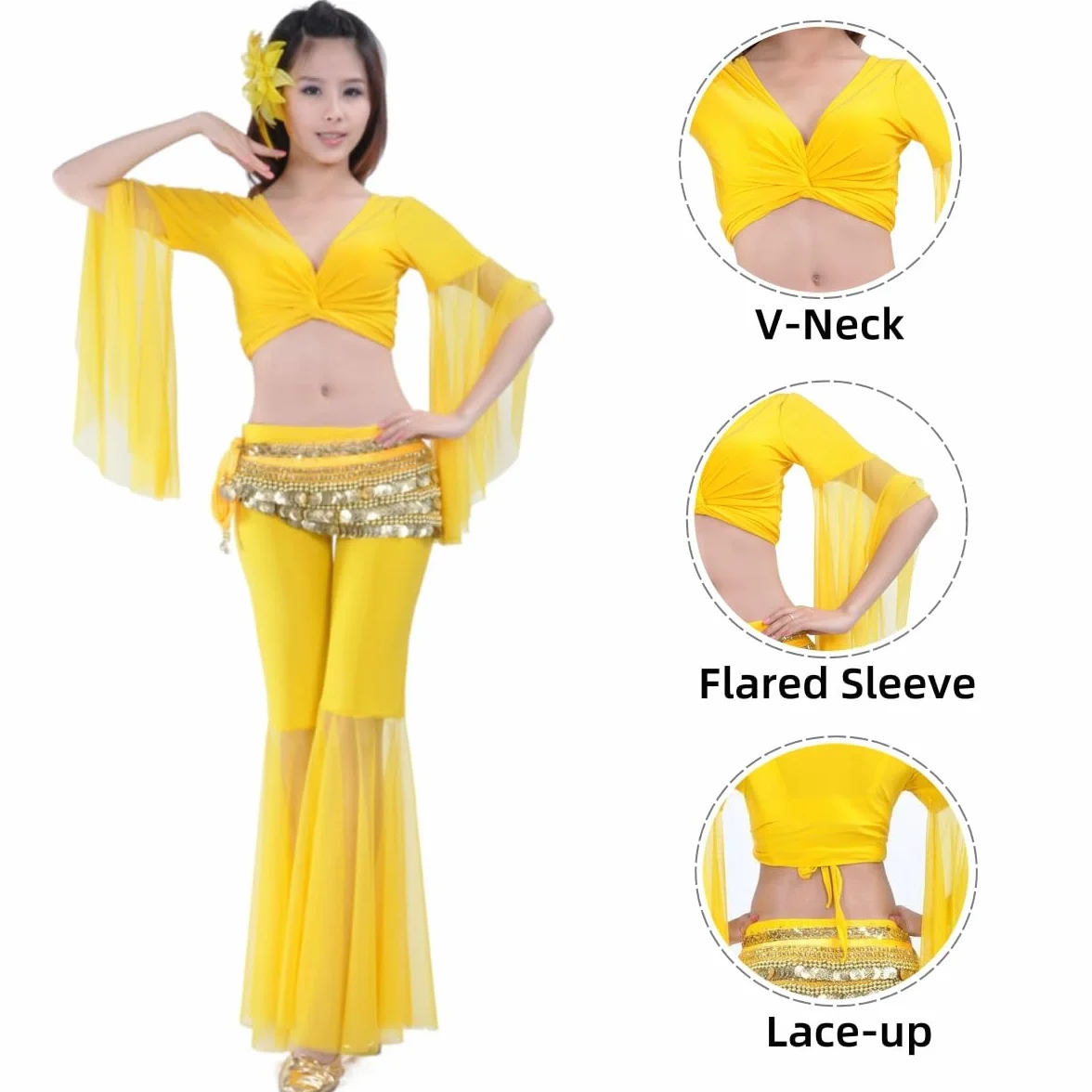 Top corto da danza con maniche svasate da donna, top avvolgente classica scollo V maniche 3/4 in tulle, camicia lacci per danza del ventre tribale, camicetta con nappe for annodare per abbigliamento